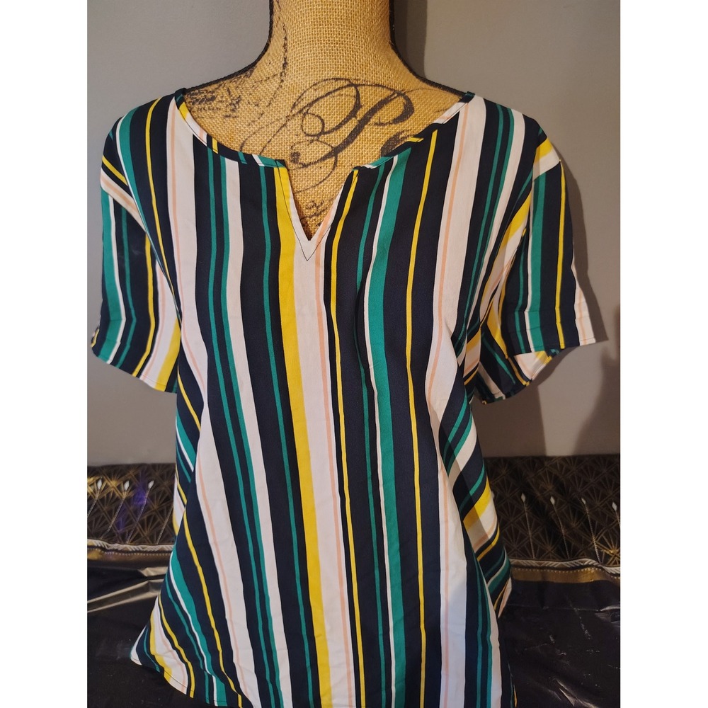 Van Heusen Women XL Navy Blue Multi Color Striped V-Neck Mixed Media Top